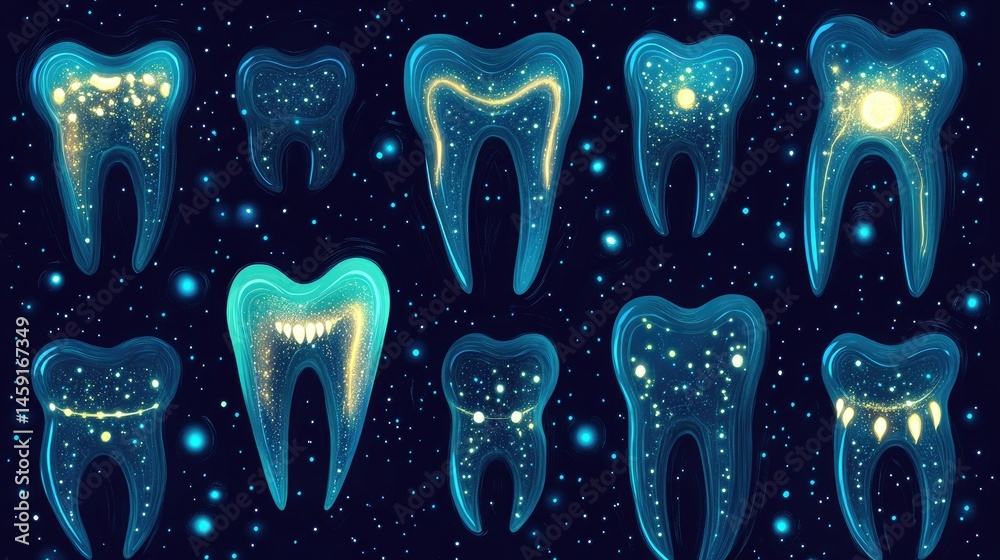 Glowing teeth pattern on dark background. Detailed depictions of various teeth, showcasing internal structure with glowing elements