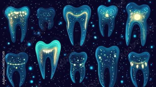Obraz na płótnie Glowing teeth pattern on dark background. Detailed depictions of various teeth, showcasing internal structure with glowing elements w salonie