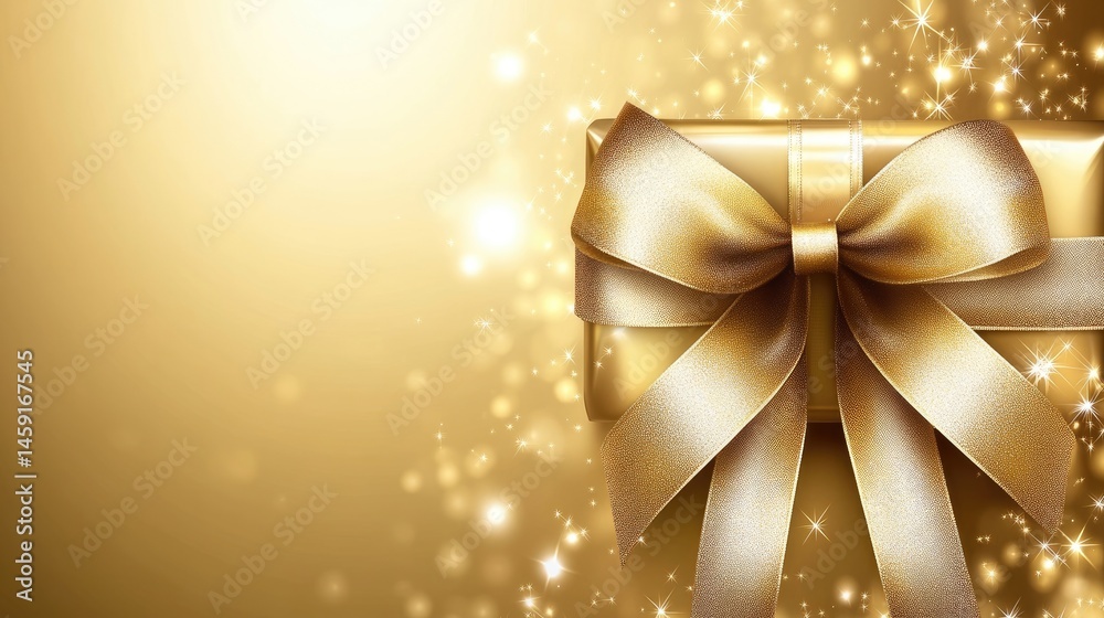 Golden gift box with elegant ribbon on a blurred golden background with sparkles