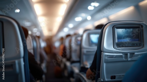 Airplane cabin interior featuring rows of seats with individual inflight entertainment screens, creating cozy atmosphere for passengers during travel