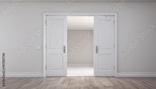 Open & closed white doors, crisp white backdrop, interior setting,  minimalist,  interior,  hallway