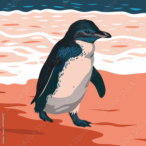 Cute little penguin waddling on sandy beach with ocean waves in the background, perfect for nature and wildlife-themed content.