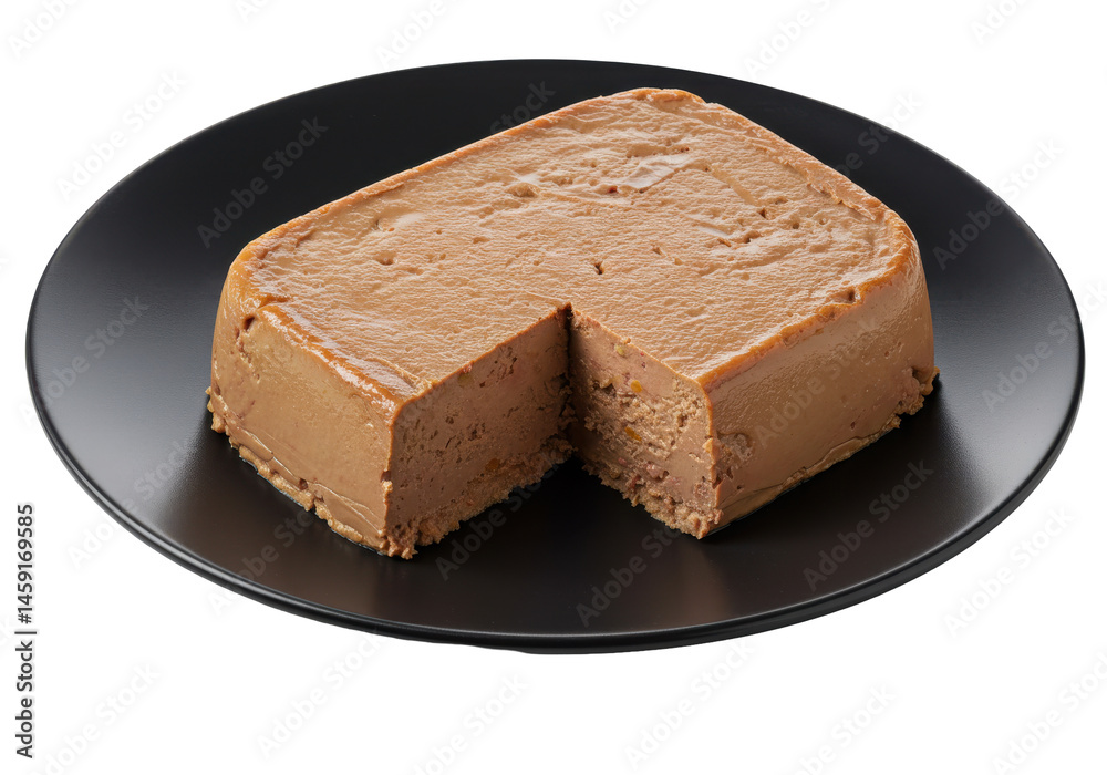 Foie gras pâté square on black plate portion cut closeup Foie gras pâté square on black plate portion cut closeup