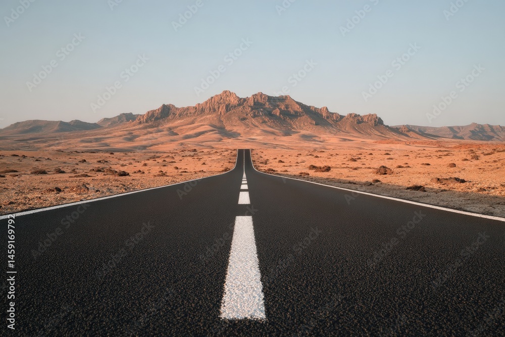 A long, straight road leads through a desert landscape toward distant rocky mountains under a clear sky.