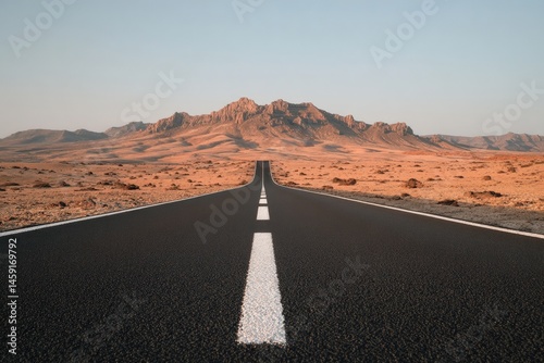Obraz na płótnie A long, straight road leads through a desert landscape toward distant rocky mountains under a clear sky. w salonie