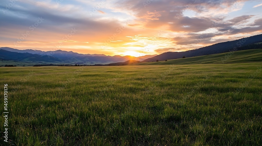 Serene sunset over vast green meadow, majestic mountains silhouetted against vibrant orange and pink sky. Peaceful landscape photography. : Generative AI Serene sunset over vast green meadow, majestic mountains silhouetted against vibrant orange and pink sky. Peaceful landscape photography. : Generative AI