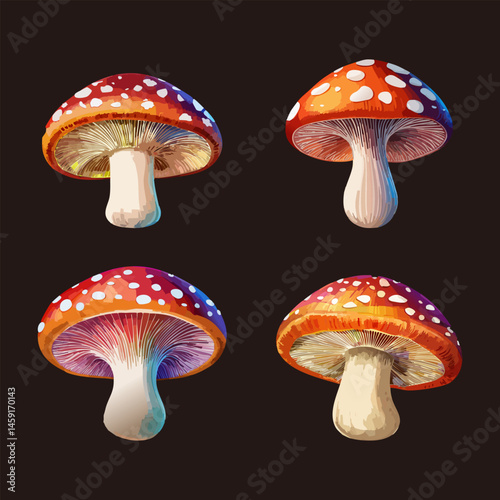 Red-Capped Amanita Mushrooms, Realistic Forest Fungi Illustration Featuring White Spots and Textured Details