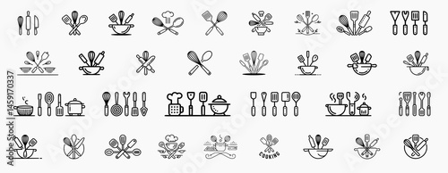 Line art kitchen utensil icons and cooking tool logos for restaurant branding, culinary business cards, and recipe website design