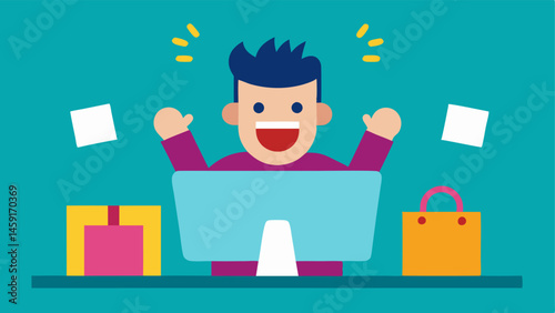 Shoppers Paradise A shopper enthusiastically sitting in front of a computer eyes wide with excitement while multiple windows on the screen showcase colorful deals and discounts.