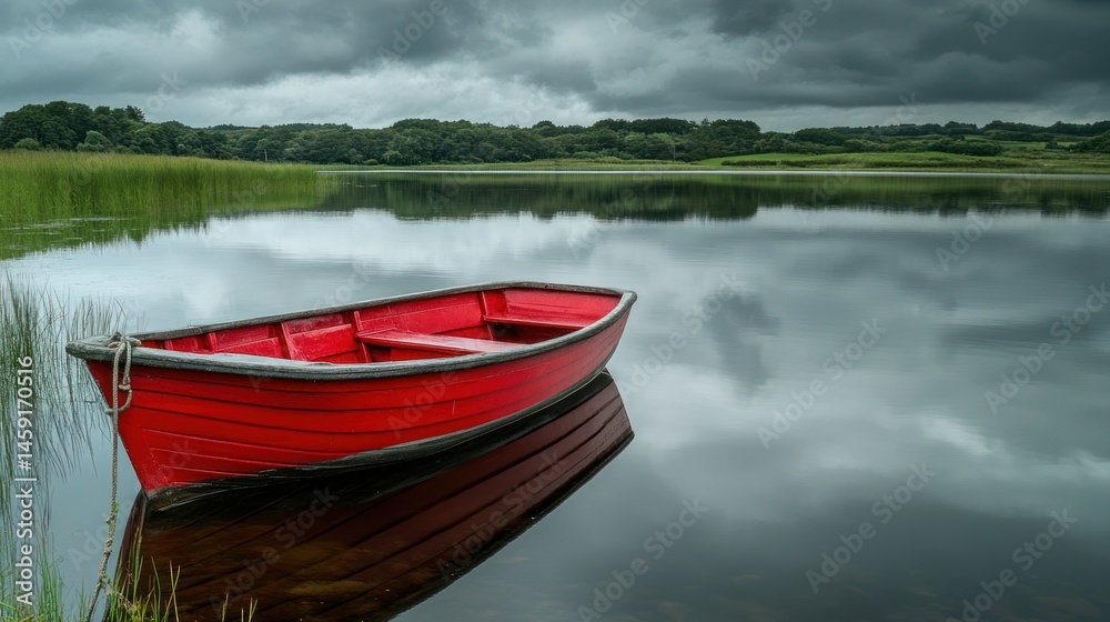 Tranquil red rowboat on a serene lake under a dramatic sky Tranquil red rowboat on a serene lake under a dramatic sky