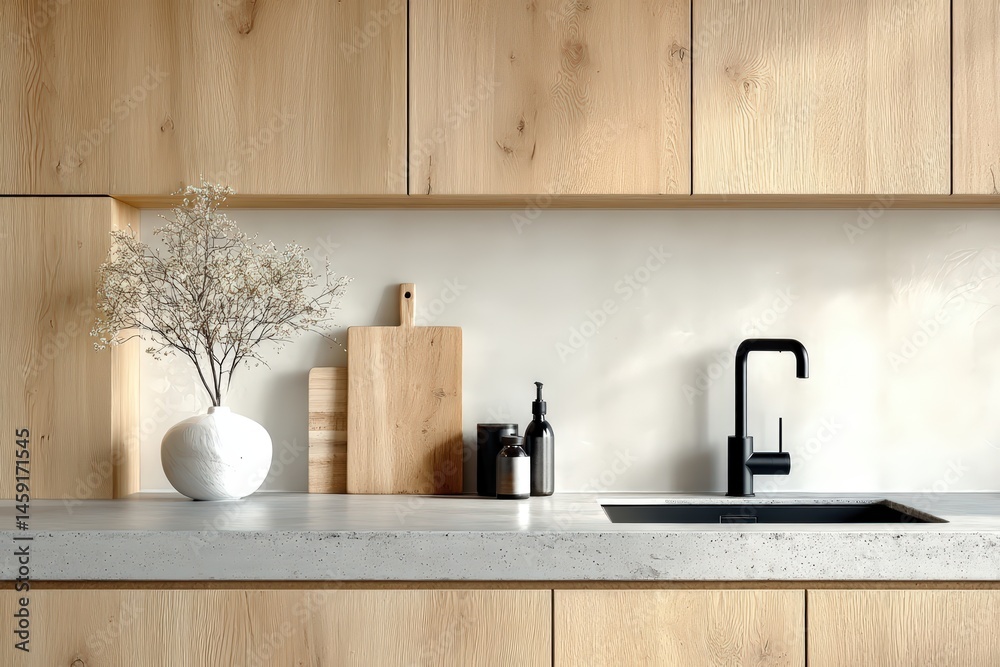 Minimalist kitchen design with light wood cabinets, a modern black faucet, cutting boards, and a vase with dried flowers on the countertop.