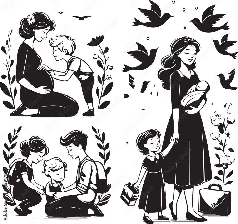 Obraz premium Elegant Black & White Mother’s Day Vector Design | Minimalist Line Art Illustration