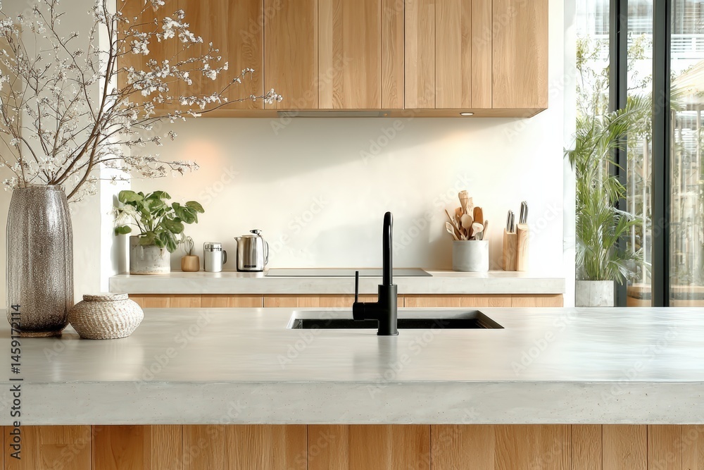 Modern kitchen with wooden cabinets, minimalist decor, indoor plants, and natural light streaming through large windows.