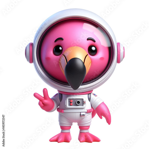 Cute and happy 3d flamingo astronaut isolated on white background