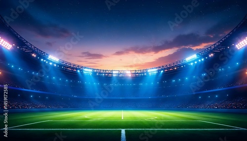 beautiful sports stadium with a green grass field shines with blue spotlights at night with stars. Sports tournament, world championship