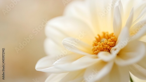 Close-up of a delicate, creamy white dahlia flower, showcasing its soft petals and golden yellow center.  The image evokes a feeling of serenity and natural beauty. : Generative AI