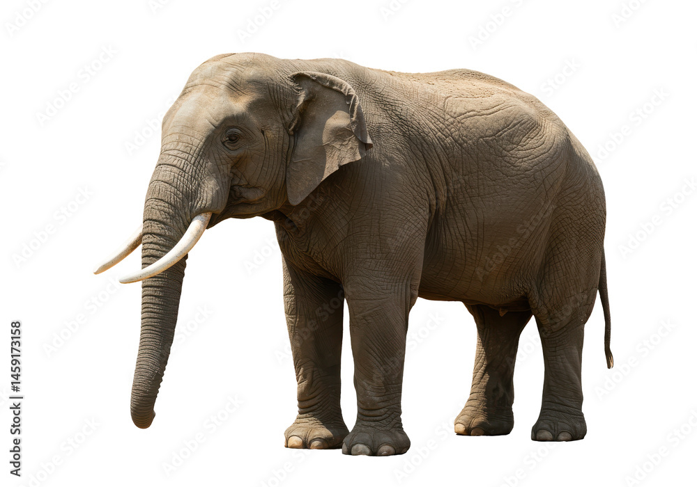 Obraz premium Majestic elephant with impressive tusks stands against a black background