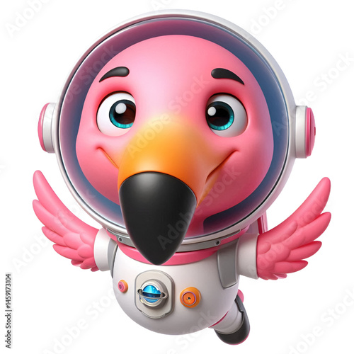 Cute and happy 3d flamingo astronaut isolated on white background