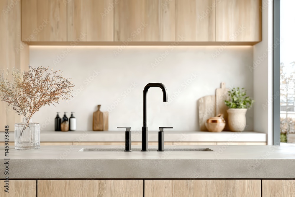 Minimalist modern kitchen with light wood cabinets, black faucet, and simple decor.