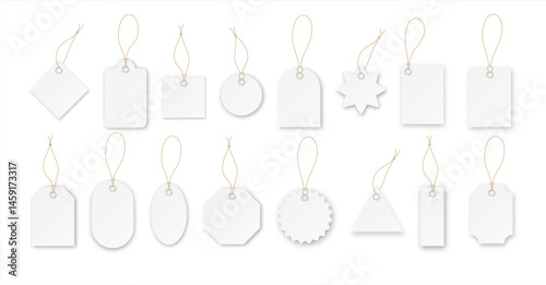 Blank paper price vector tags or gift tags in different shapes. Set of labels with cord. Vector