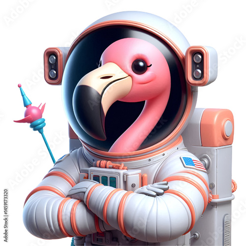 Cute and happy 3d flamingo astronaut isolated on white background