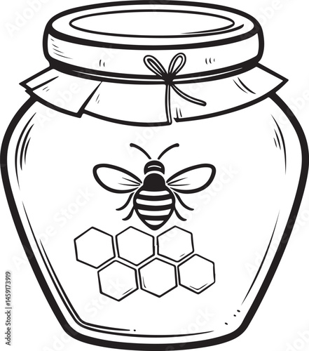 Honey Jar, Black and White Vector Illustration, Sketch Drawing Line Linear Symbol Icon Engraving, Hand-drawn Isolated
