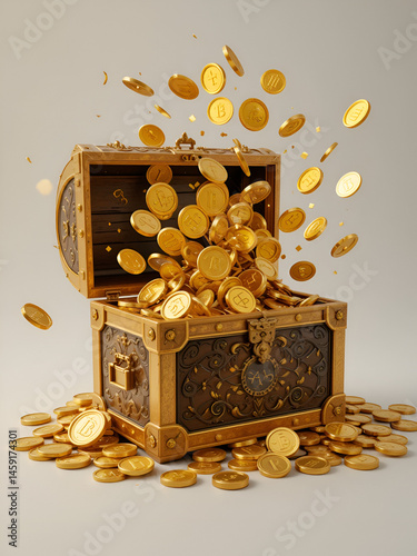 Many distribute gold coins flew from the treasure chest. A treasure chest made of gold, luxurious, expensive. An ancient treasure box opened with gold coins ejected. 3D Rendering.