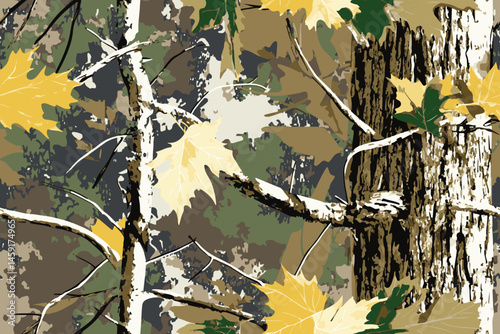 A seamless camouflage pattern inspired by forest terrain, ideal for hunting and military apparel, featuring a mix of earthy tones and natural woodland shapes