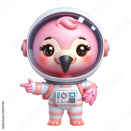 Cute and happy 3d flamingo astronaut isolated on white background