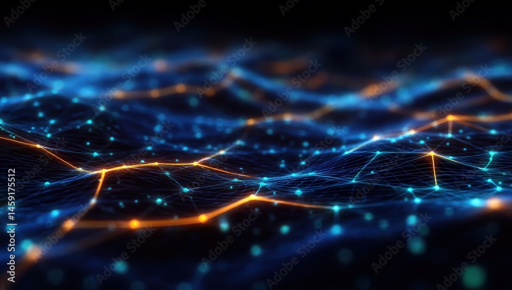 A glowing digital network of interconnected points and lines forms a futuristic, abstract landscape on a dark background.
