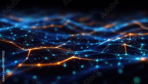 Obraz na płótnie A glowing digital network of interconnected points and lines forms a futuristic, abstract landscape on a dark background. w salonie