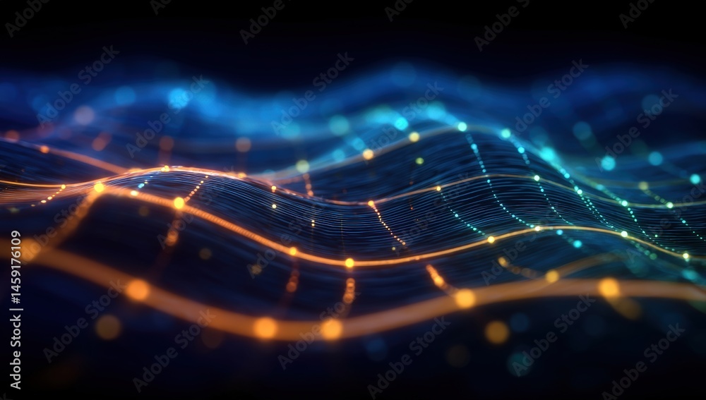 Abstract digital landscape with glowing lines and data points, representing technology and network connectivity.