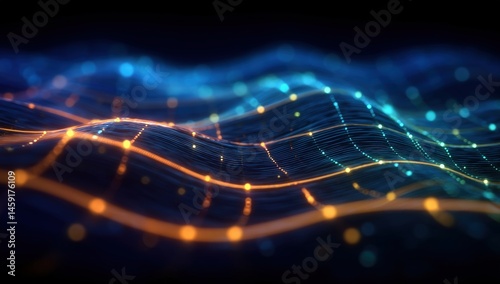 Obraz na płótnie Abstract digital landscape with glowing lines and data points, representing technology and network connectivity. w salonie