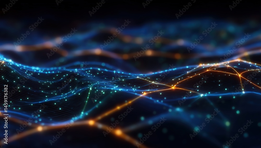 A glowing digital landscape with interconnected points and lines, resembling a network or data visualization on a dark background.