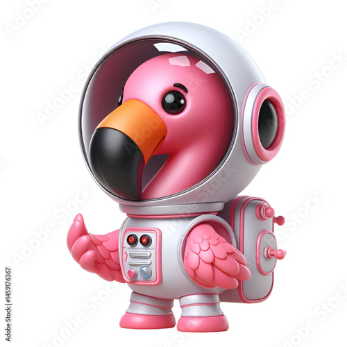 Cute and happy 3d flamingo astronaut isolated on white background
