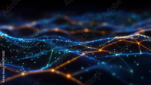 Obraz na płótnie A glowing digital landscape with interconnected points and lines, resembling a network or data visualization on a dark background. w salonie