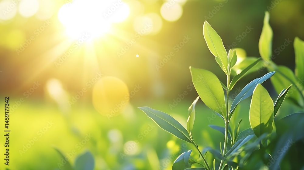 Obraz premium Close-up of vibrant green leaves bathed in warm sunlight, showcasing nature's beauty and the tranquility of a sunlit garden. : Generative AI