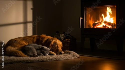Cozy Golden Retriever Dog and Grey Tabby Cat Sleeping Peacefully by a Warm Fireplace Indoors