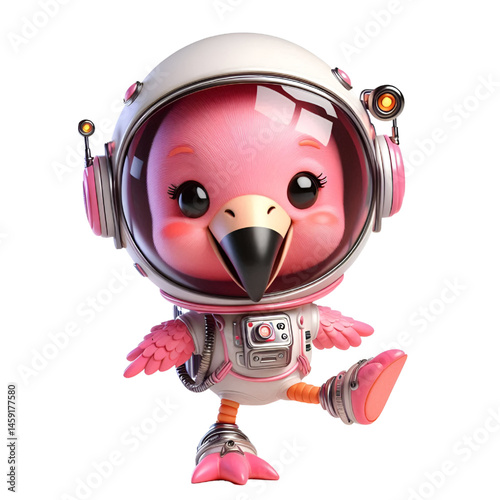 Cute and happy 3d flamingo astronaut isolated on white background