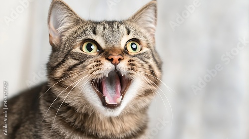 Close-up portrait of a tabby cat with its mouth open, showing teeth and pink tongue. The cat's green eyes are wide, and its fur is a mix of brown and black stripes. : Generative AI
