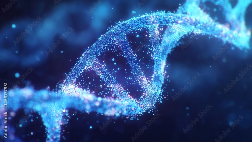 A glowing, digital blue DNA double helix structure on a dark background representing genetics and biotechnology.