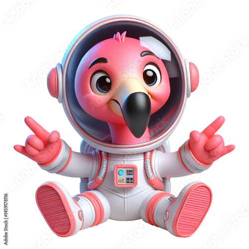 Cute and happy 3d flamingo astronaut isolated on white background