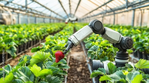 A robotic arm delicately picks a perfectly ripe strawberry inside a modern greenhouse.