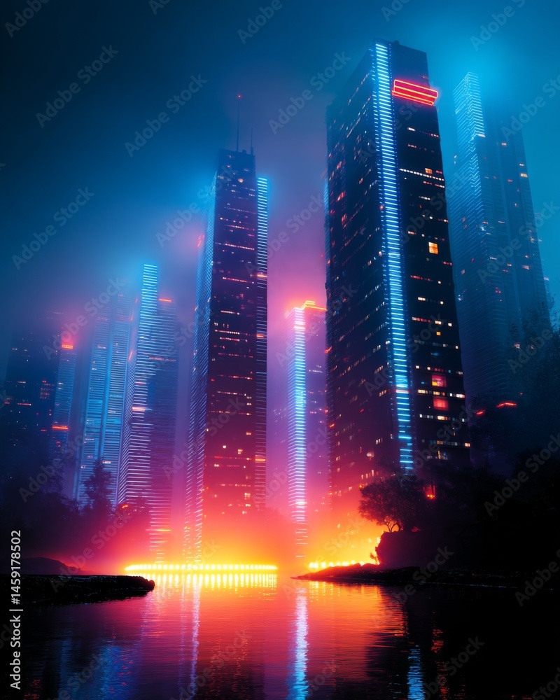 A cyberpunk cityscape at night, with neon lights and skyscrapers glowing in shades of blue, purple, red, and orange. The buildings stand tall against the dark sky. A cyberpunk cityscape at night, with neon lights and skyscrapers glowing in shades of blue, purple, red, and orange. The buildings stand tall against the dark sky.