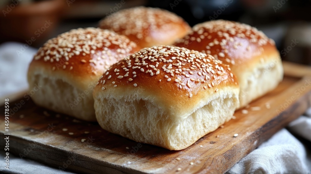 Golden, fluffy sesame-topped bread rolls, perfect for burgers, sandwiches, or as a side to meals. Soft texture and a lightly crisp crust Golden, fluffy sesame-topped bread rolls, perfect for burgers, sandwiches, or as a side to meals. Soft texture and a lightly crisp crust