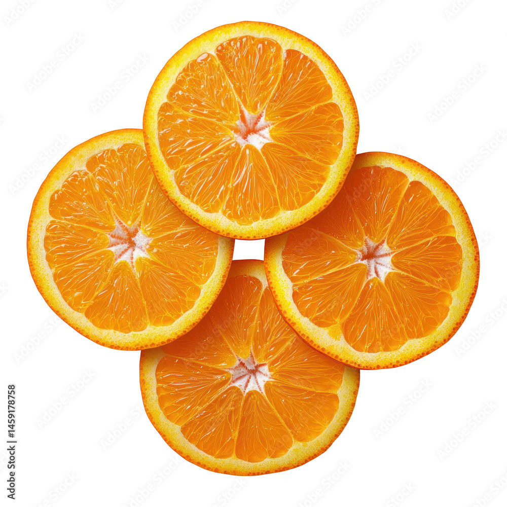 Fototapeta premium Group of fresh sliced orange arranged in circular pattern showing juicy and vibrant texture