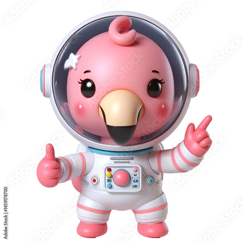 Cute and happy 3d flamingo astronaut isolated on white background