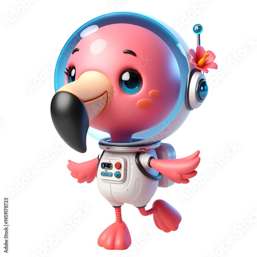 Cute and happy 3d flamingo astronaut isolated on white background