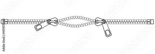 Horizontal zipper with two sliders, slightly ajar. Half open zipper clasp - vector linear picture for coloring.	
