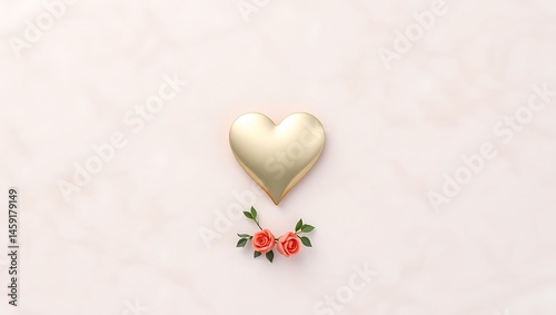 A golden heart with two pink roses and green leaves on a light pink background in a flat lay style